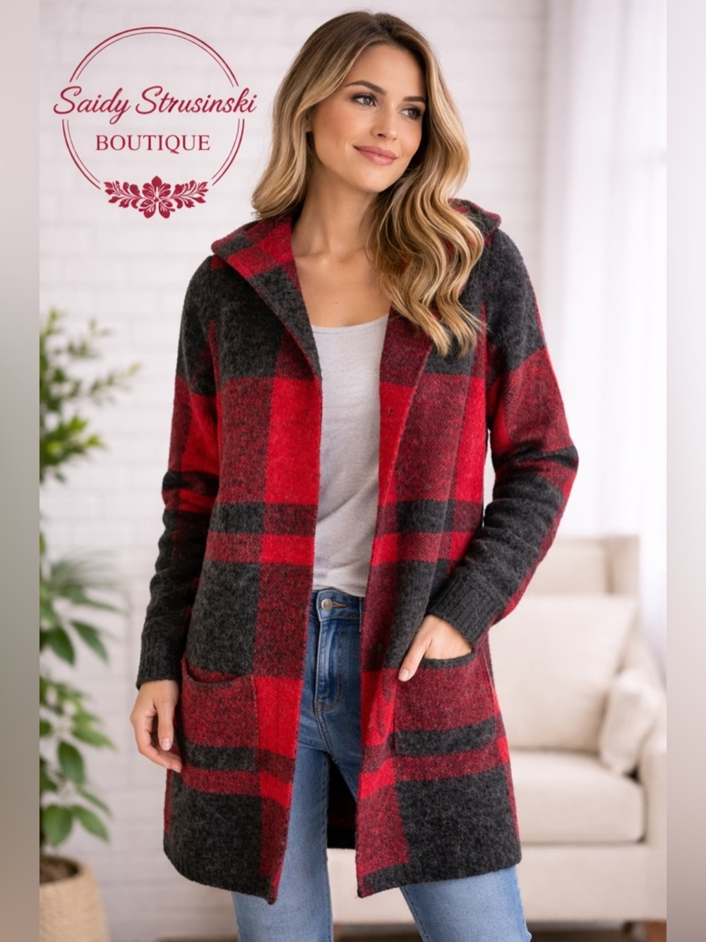 Cyrus Red Black Buffalo Plaid Hooded Cardigan Long Open Front Sweater Size L